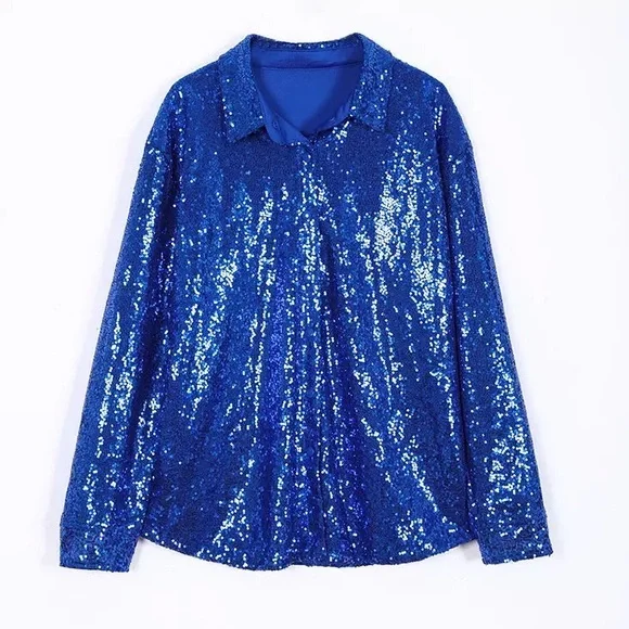 Sequin dress shirt collar button top night out party dresses royal blue - Picture 3 of 8